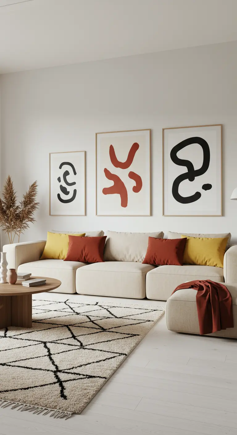 Salon minimaliste avec un canapé modulable beige et trois grandes affiches abstraites au mur.