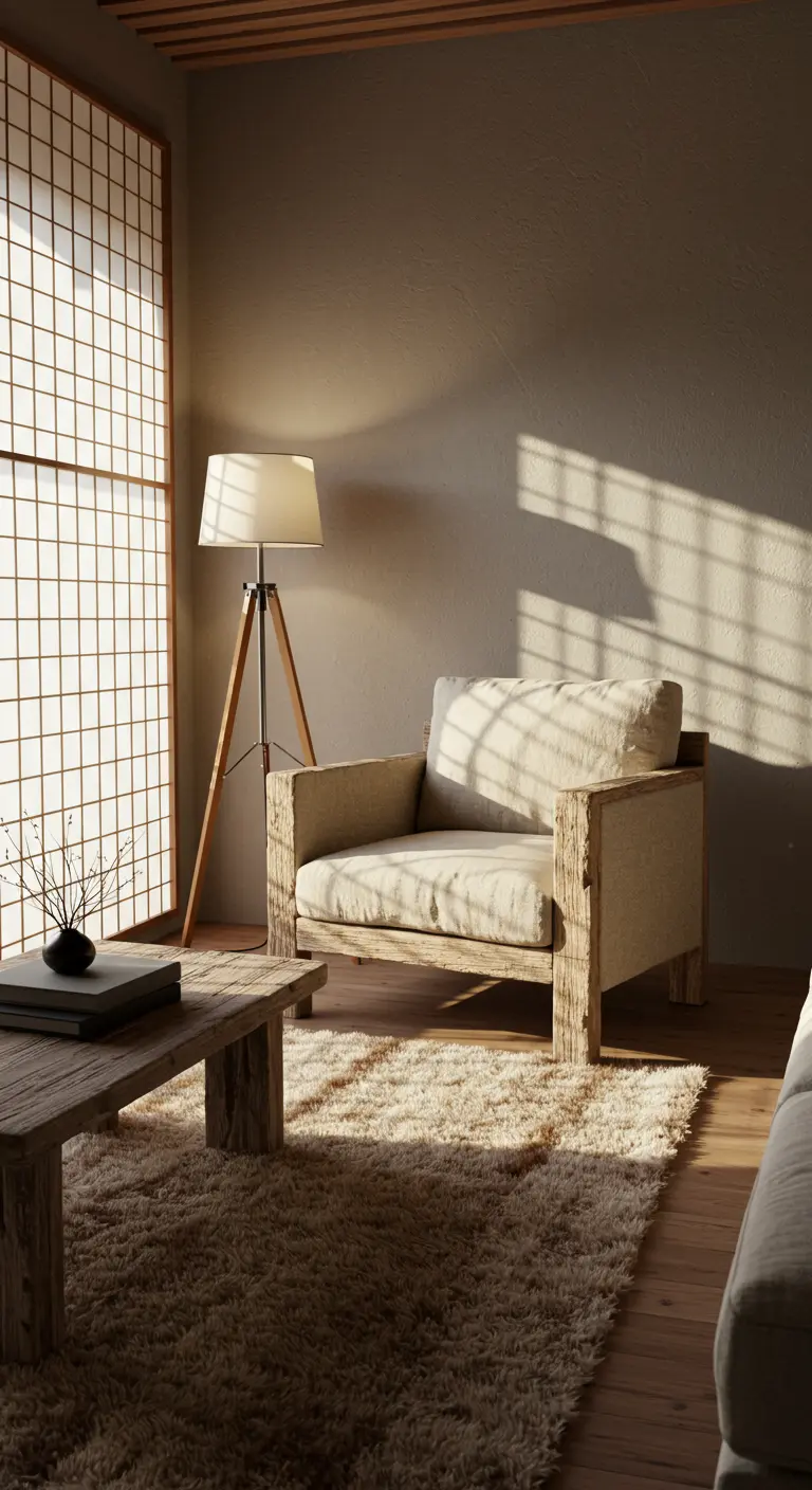 Fauteuil en bois brut avec tapis épais dans un décor Wabi-Sabi.