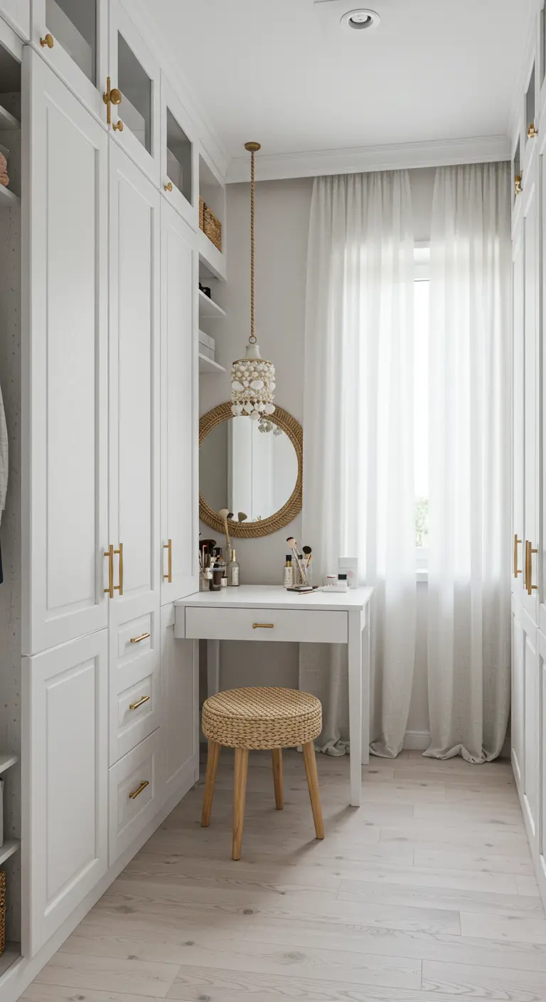 Coiffeuse compacte blanche dans un dressing étroit, miroir rond en rotin, tabouret tressé.