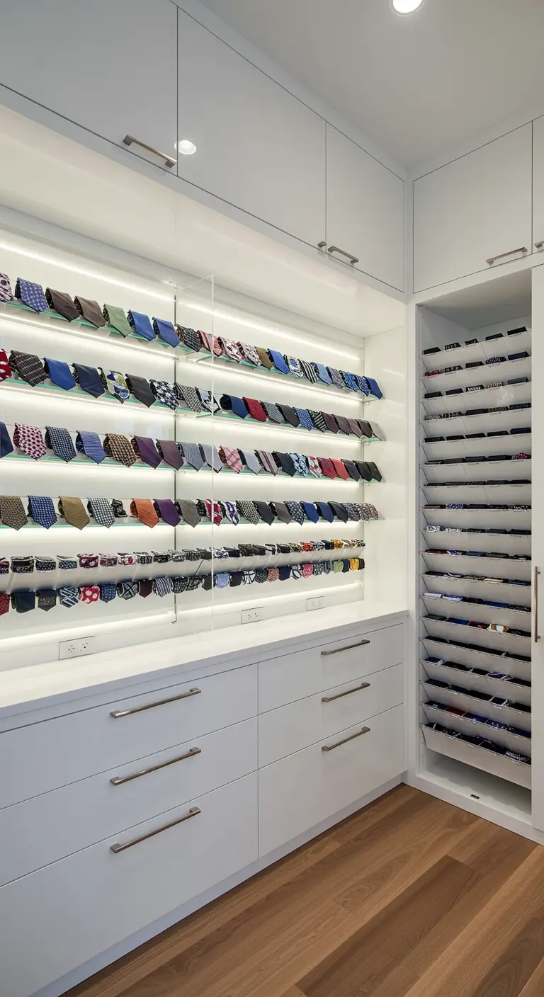 Dressing blanc avec collection de cravates exposées sur étagères en verre illuminées et tiroir coulissant.