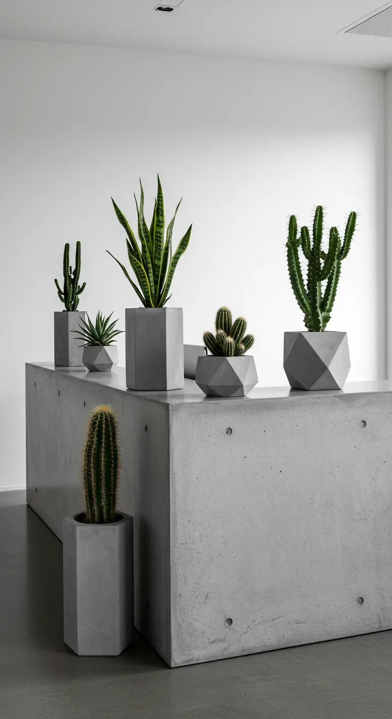 Divers pots en béton géométriques et cylindriques avec cactus et Sansevieria sur un comptoir en béton minimaliste.