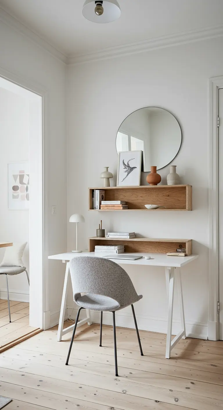 Bureau blanc avec étagères en bois, un miroir rond et une chaise en tissu gris.