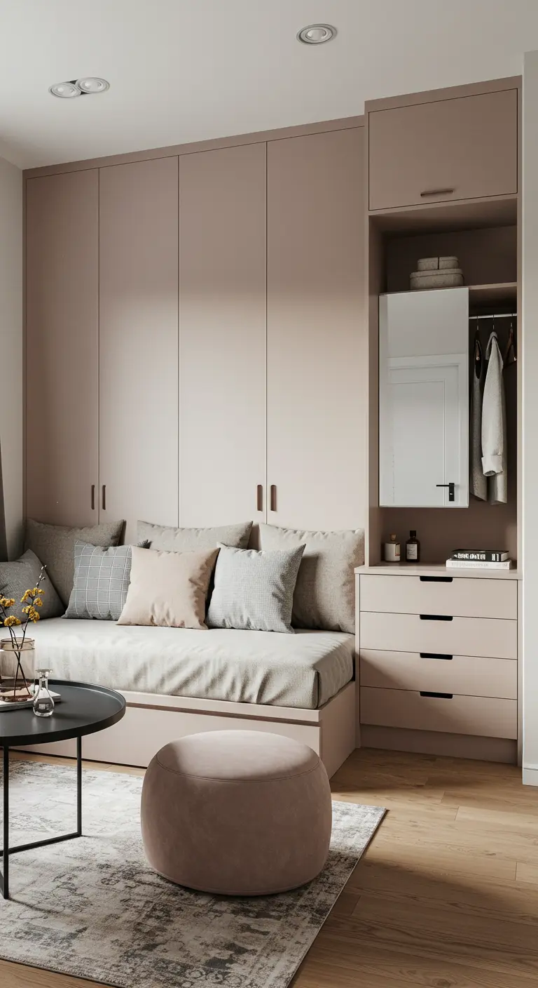 Salon-chambre avec de grandes armoires intégrées peintes de la même couleur que les murs.