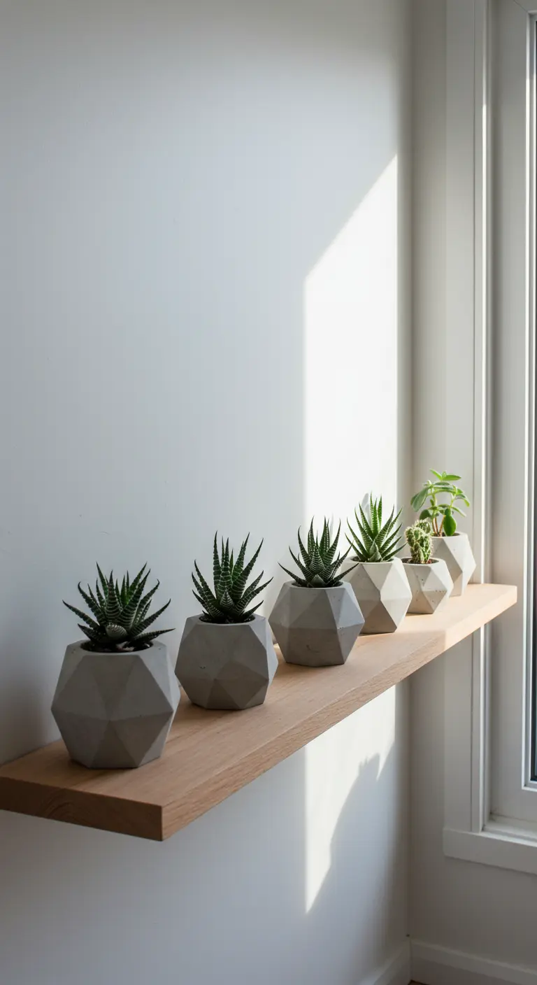 Cinq petits pots géométriques en béton gris avec des Haworthia alignés sur une étagère en bois clair, lumière naturelle.