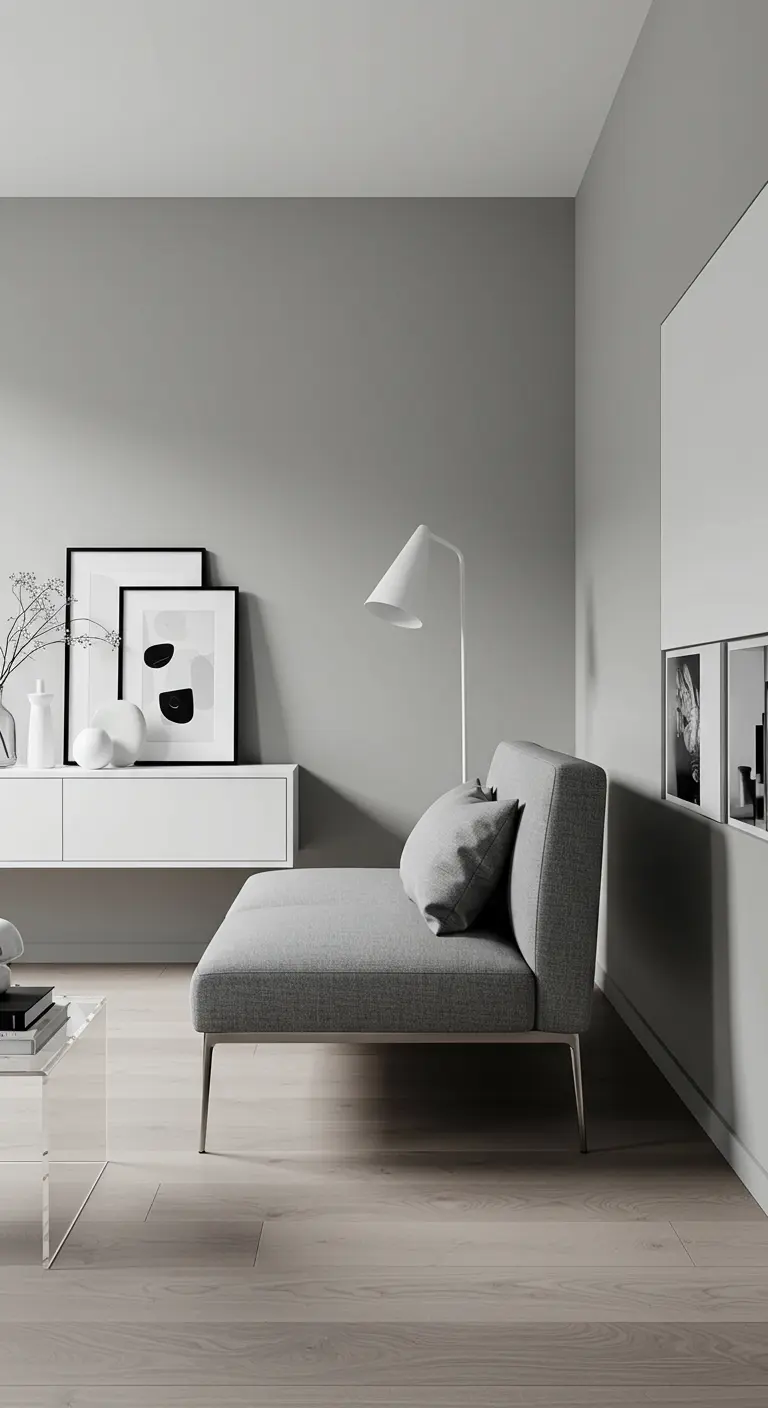 Salon minimaliste gris avec méridienne, console flottante et art abstrait.