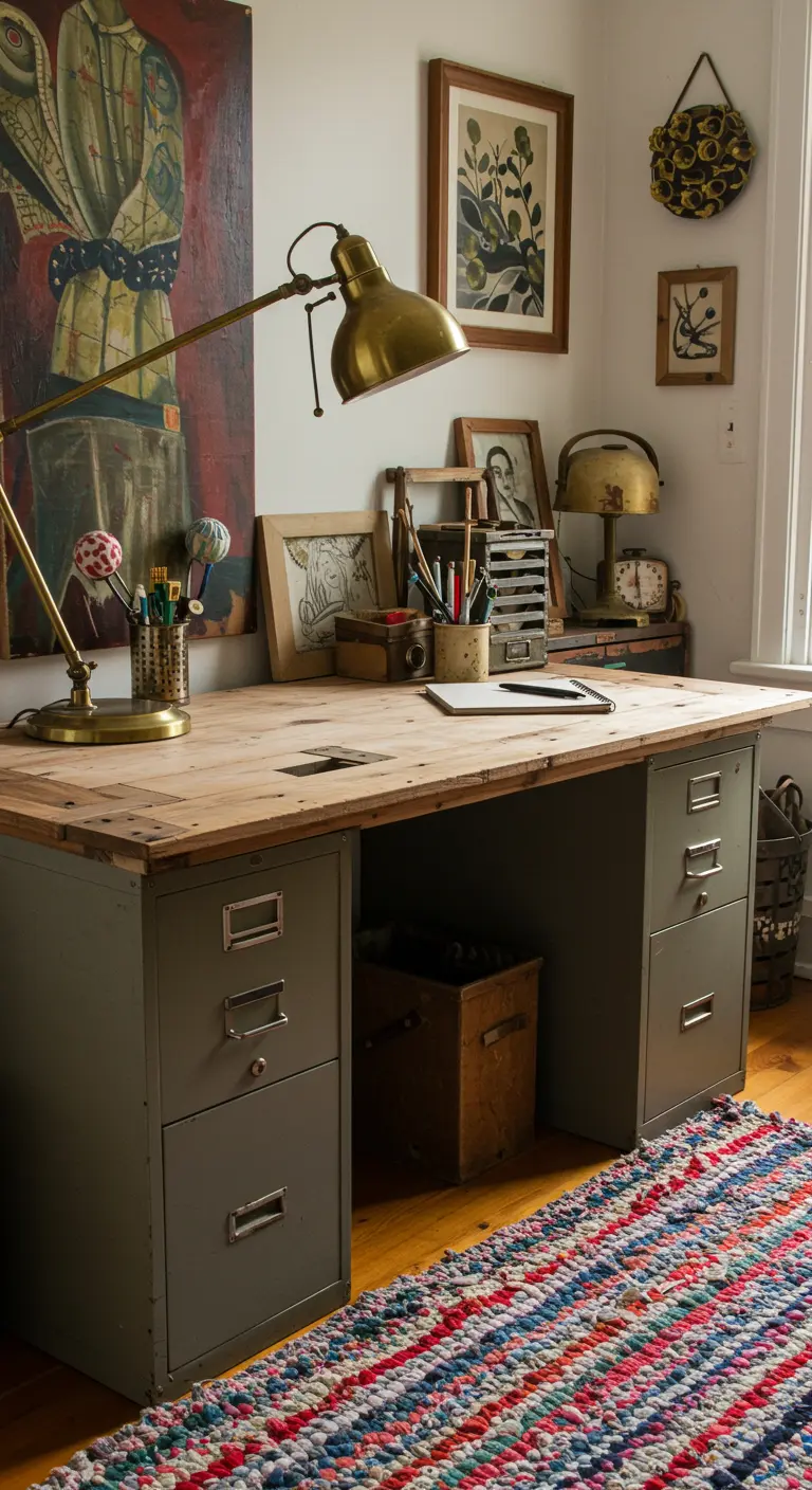 Bureau DIY composé de deux caissons métalliques gris et d'un plateau en bois.