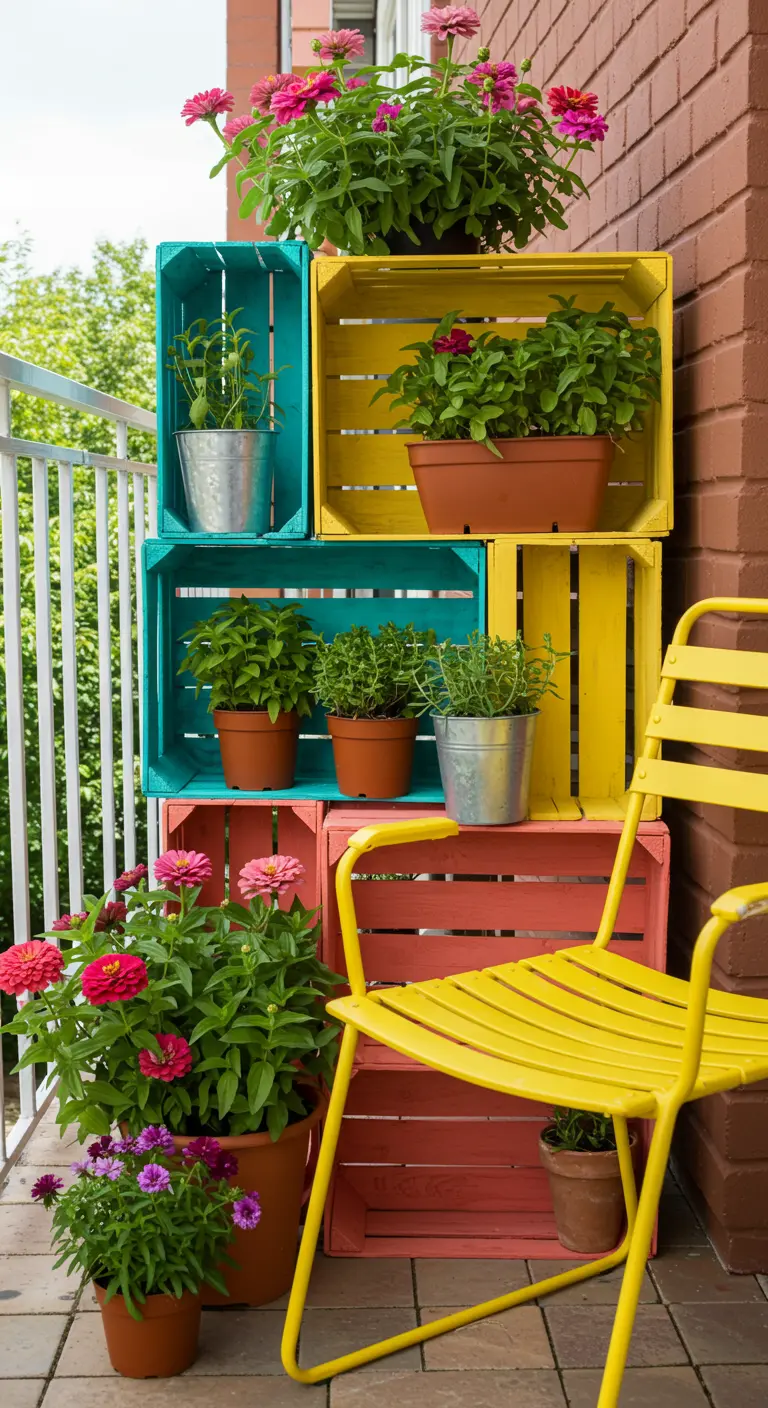 Caisses en bois peintes de couleurs vives et empilées pour servir d'étagère à plantes.