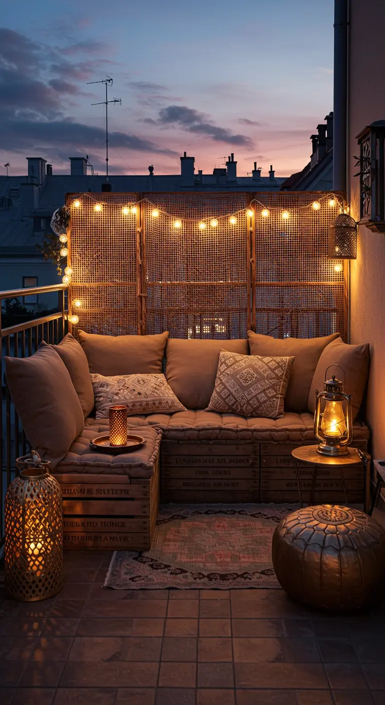 Balcon aménagé avec des caisses en bois, un paravent en canisse et des guirlandes