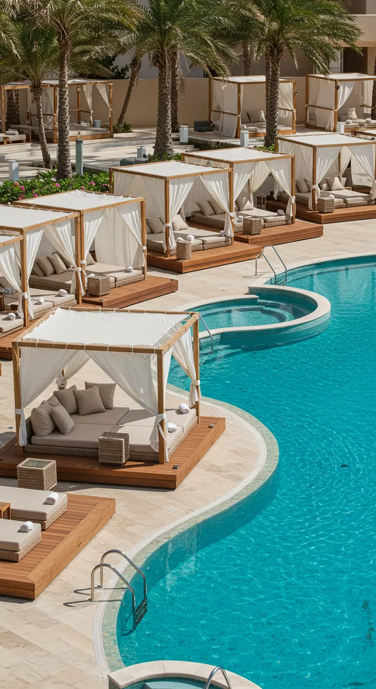 Nombreux lits de jour à baldaquin blancs sur des plateformes en bois au bord d'une grande piscine de complexe.