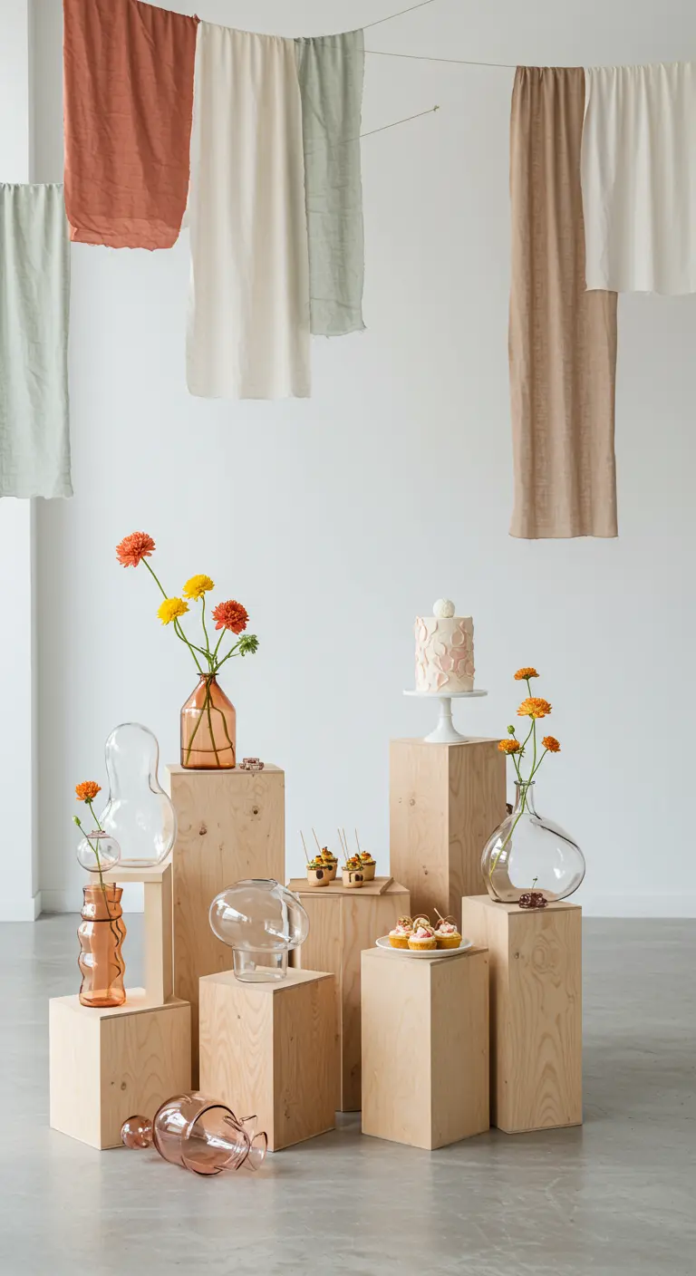 Studio minimaliste avec socles en bois, vases en verre et tissus suspendus.