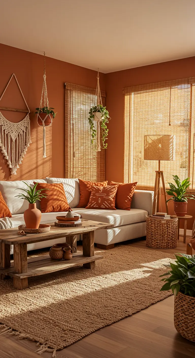 Salon bohème avec murs terracotta, canapé blanc et plantes suspendues.