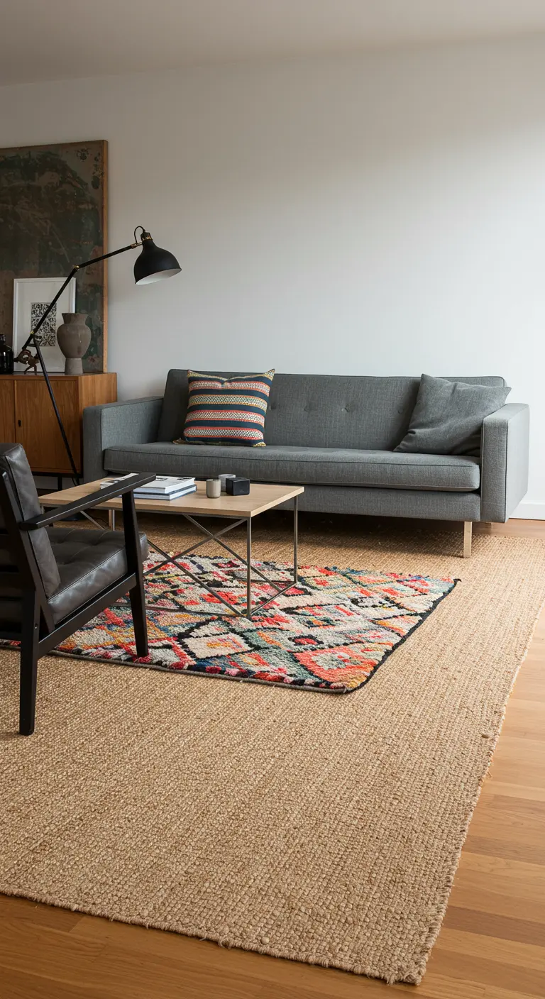 Superposition d'un petit tapis coloré sur un grand tapis en jute dans un salon.