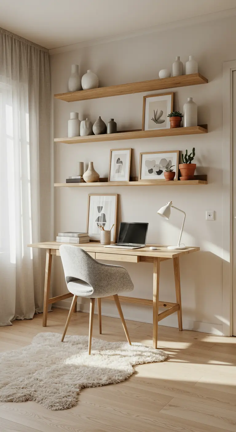 Bureau scandinave en bois clair avec trois étagères murales flottantes assorties.