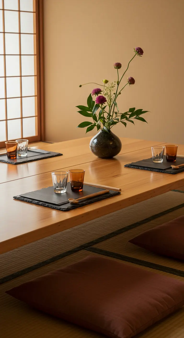 Table basse japonaise avec sets en ardoise, coussins de sol et vase unique.