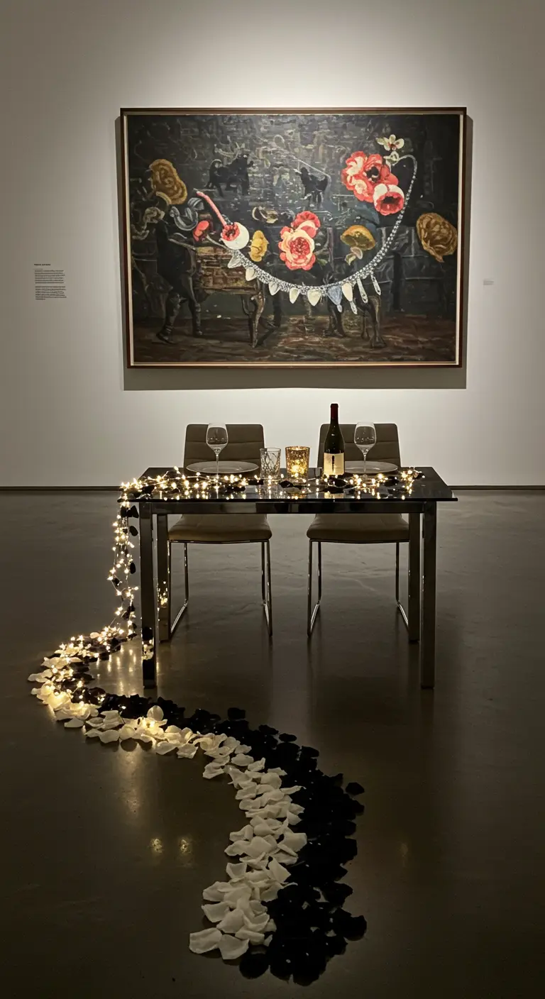 Table de dîner installée dans une galerie d'art, avec un chemin de pétales.