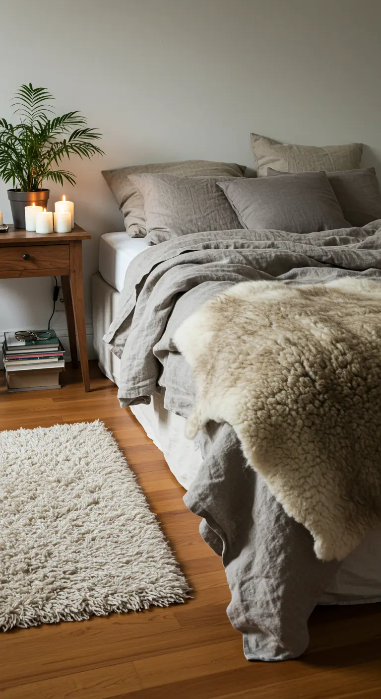 Lit superposé de linge de lit en lin gris et d'une peau de mouton.