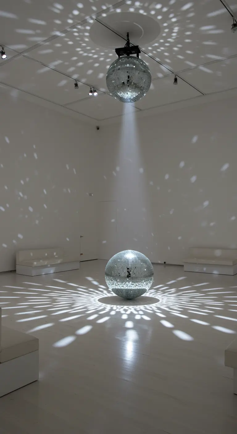 Deux boules à facettes dans une galerie d'art blanche, l'une au plafond, l'autre au sol.