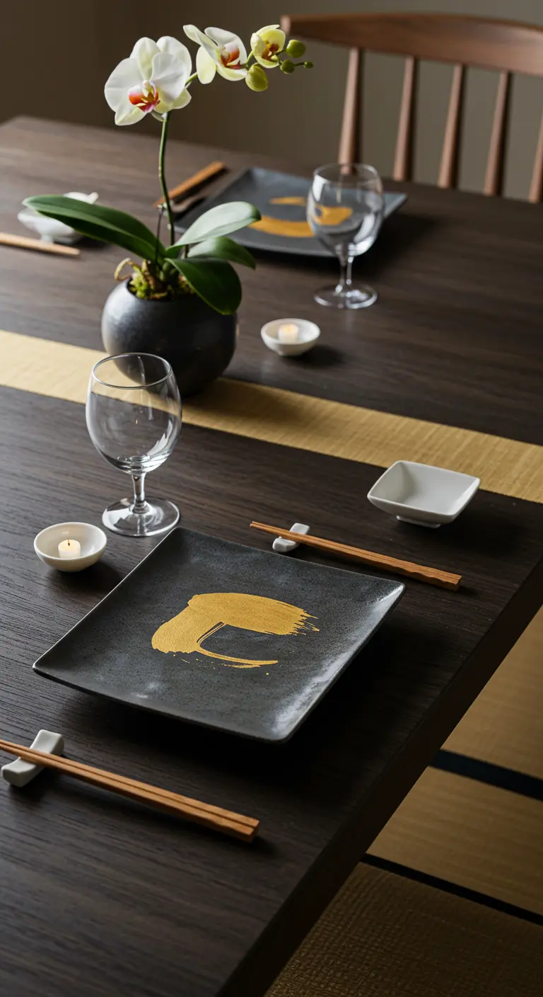Table d'inspiration japonaise avec assiettes noires à touche dorée et une orchidée.