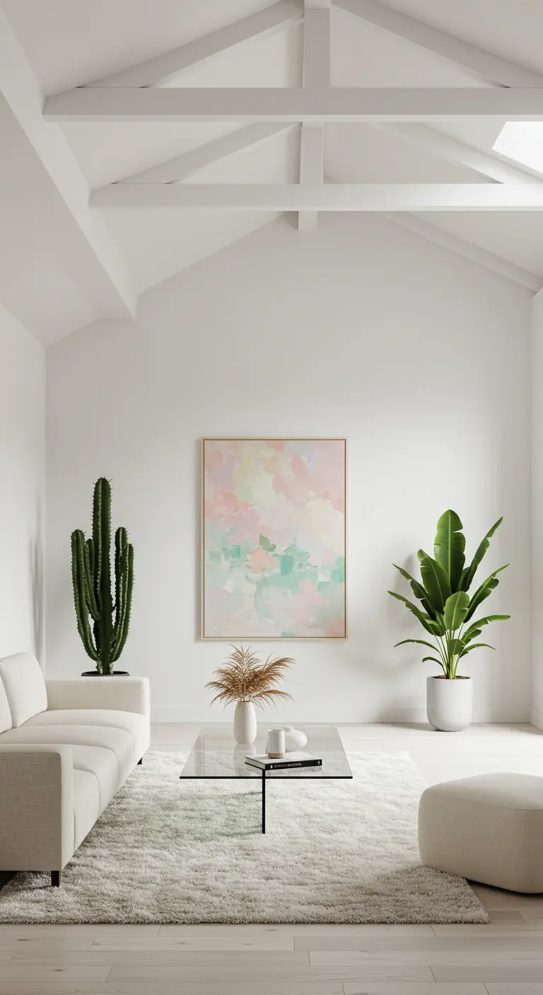Salon minimaliste blanc avec une grande toile abstraite et deux grandes plantes.
