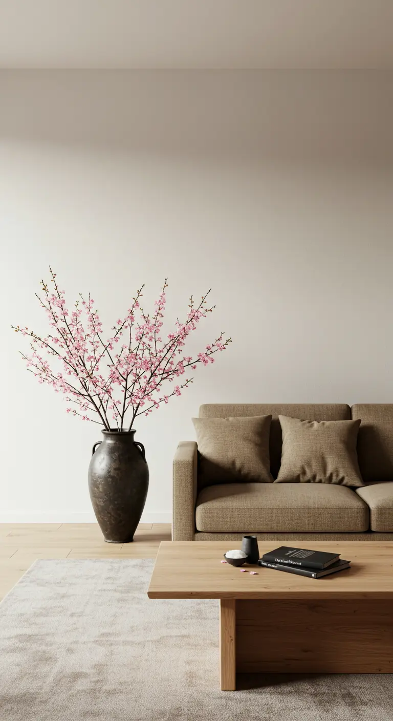 Salon très minimaliste avec quelques branches de cerisier en fleurs dans un grand vase sombre