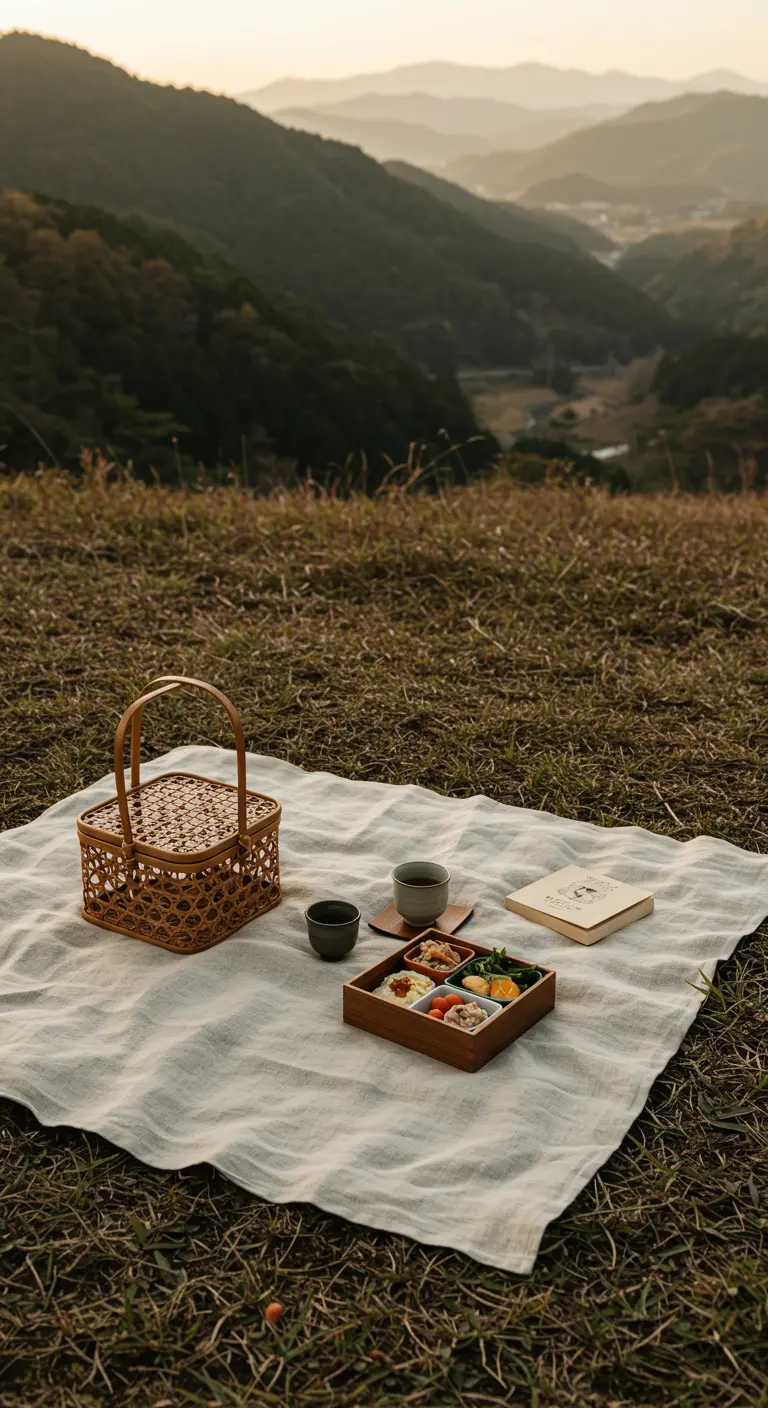 Pique-nique minimaliste en montagne avec un bento et un livre.