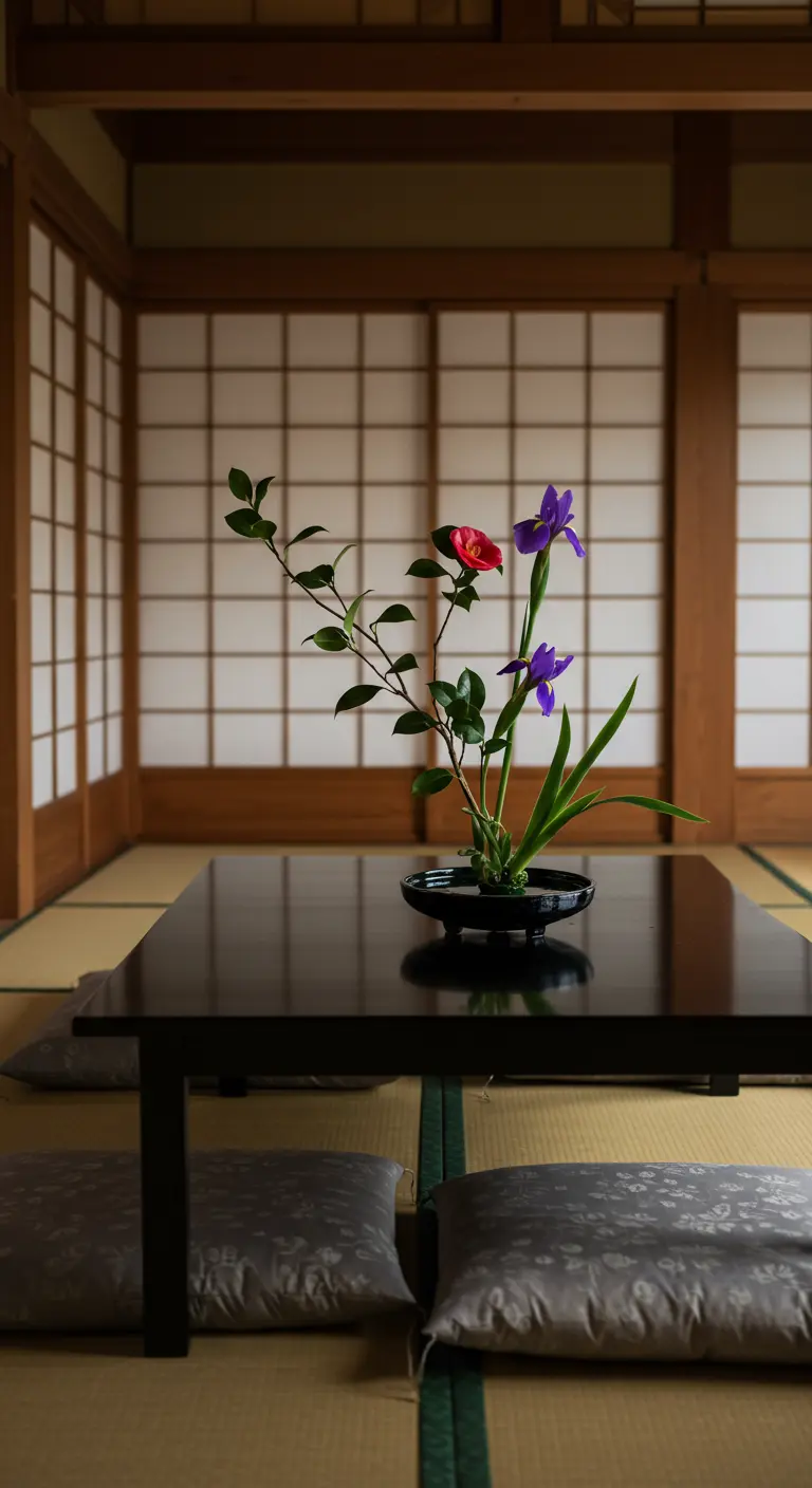 Arrangement floral japonais de style Ikebana dans un intérieur zen traditionnel.