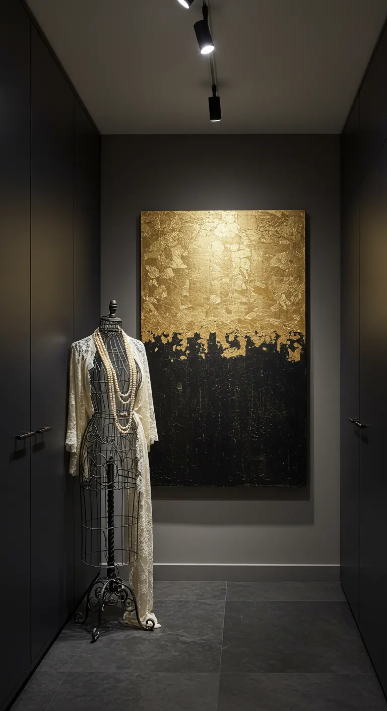 Mannequin de couture dans un dressing sombre, avec un grand tableau abstrait doré.