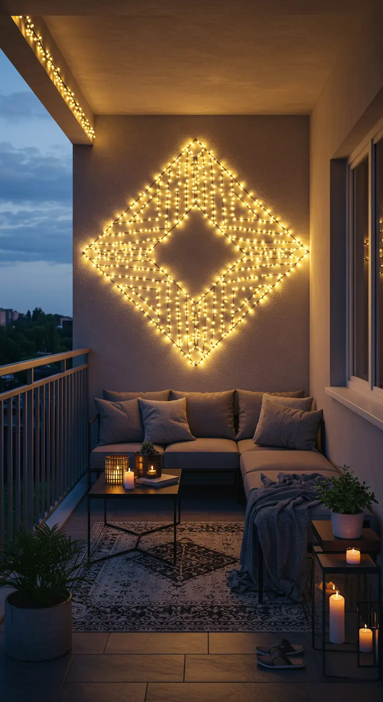 Une grande forme de losange créée avec des guirlandes lumineuses sur le mur d'un balcon.