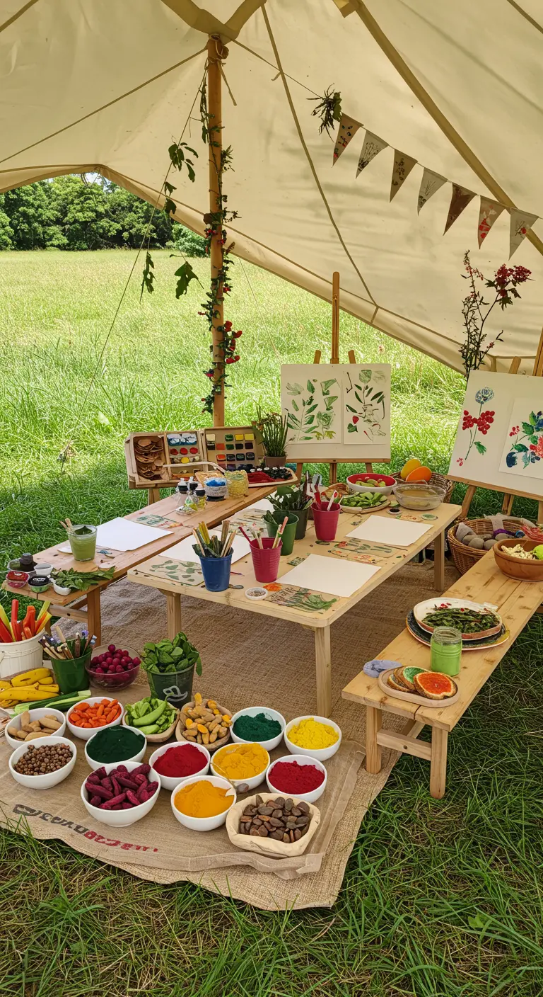 Atelier de peinture extérieur sous une tente avec pigments naturels et chevalets.