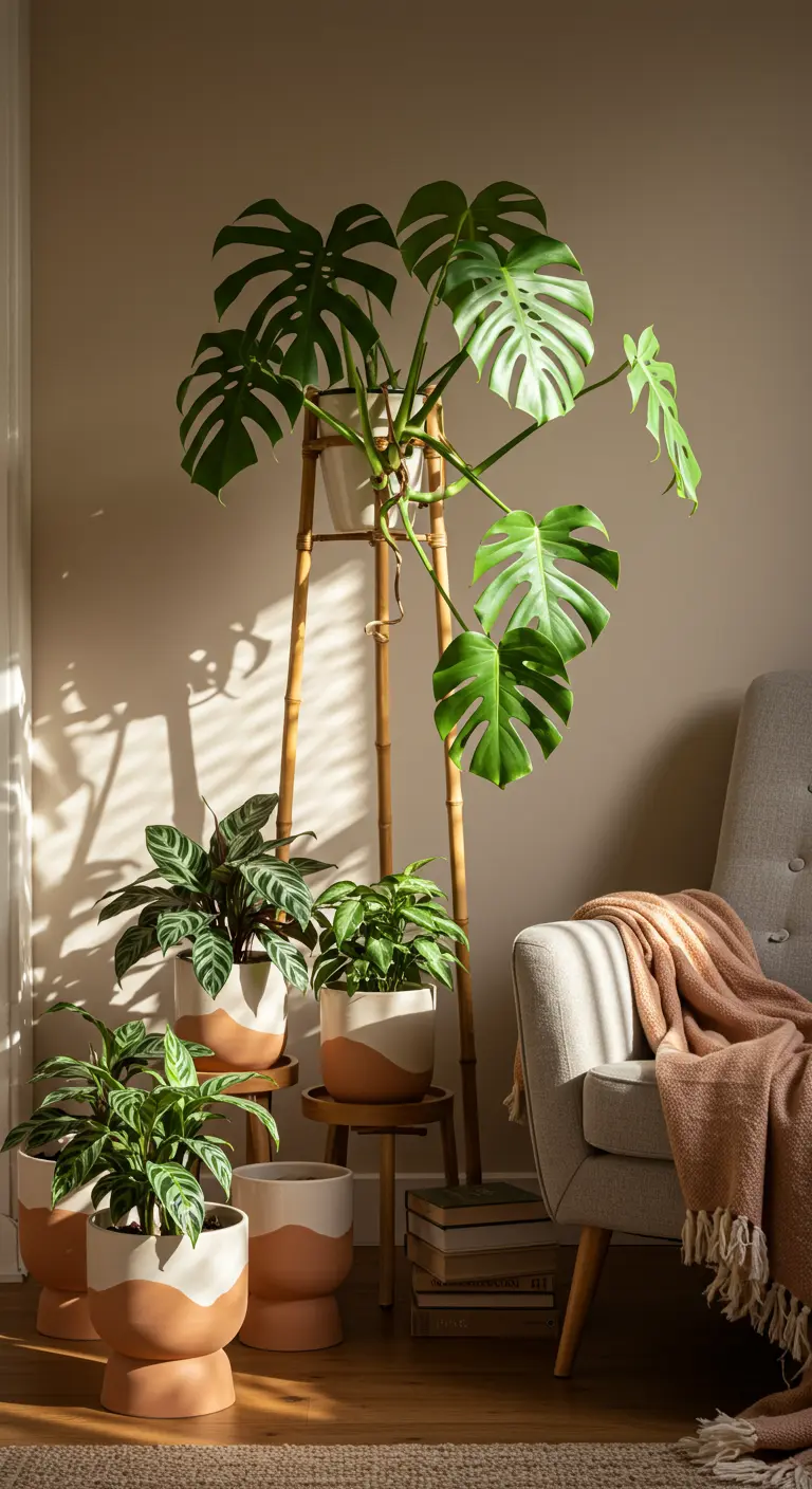 Monstera sur échelle en bambou, Calatheas en pots bicolores, près d'une fenêtre.