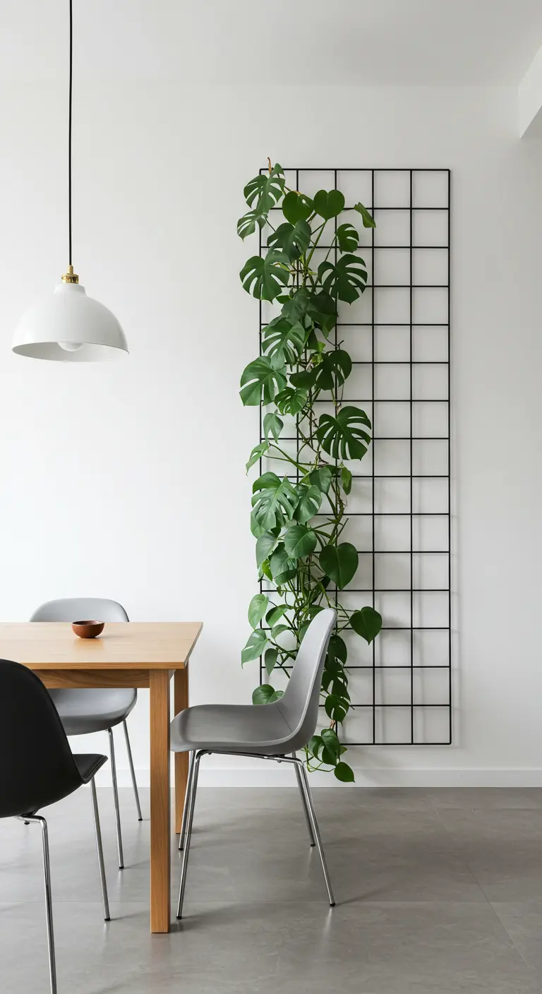 Un Monstera Deliciosa grimpant sur un grand treillis rectangulaire noir fixé à un mur blanc.