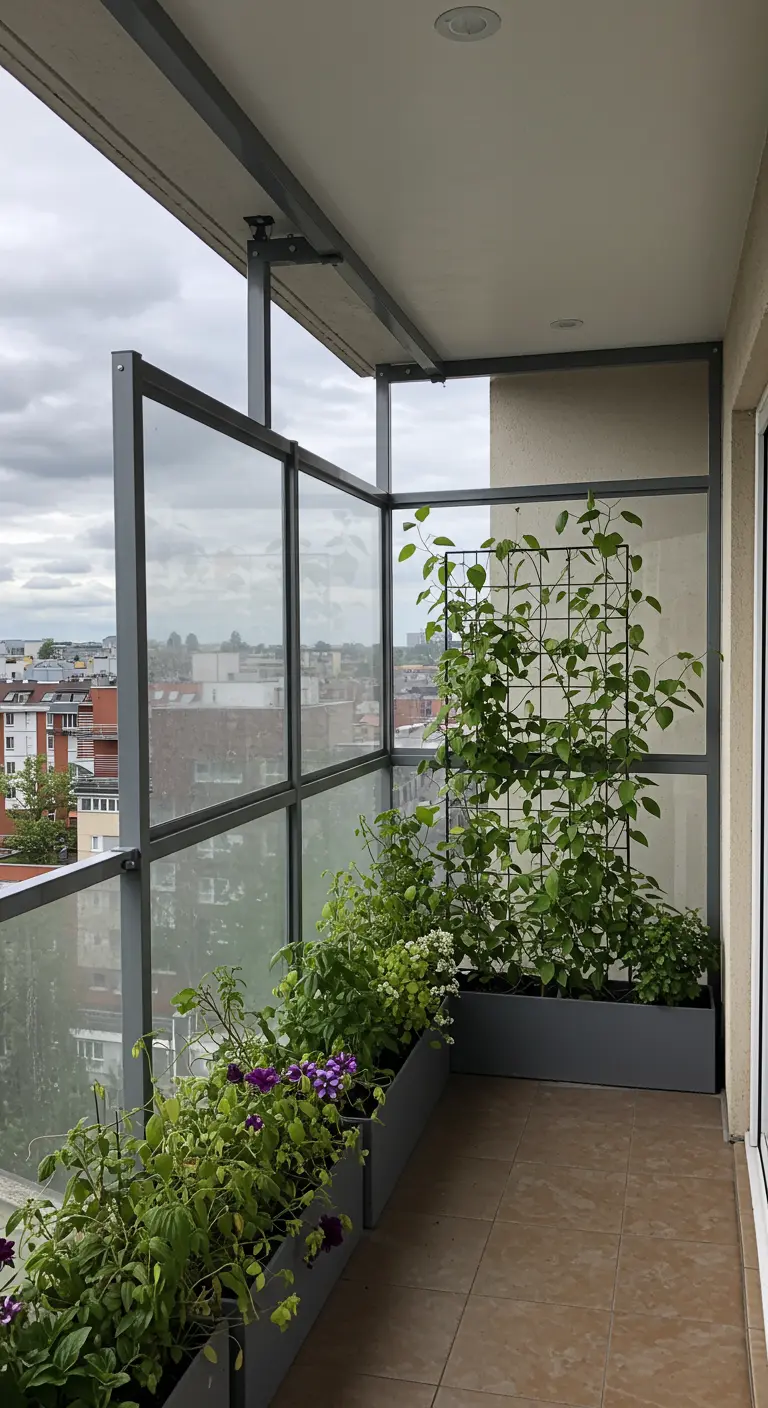 Treillage métallique moderne dans une jardinière grise soutenant une plante grimpante sur un balcon.