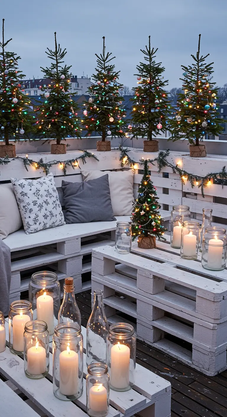 Balcon avec mobilier en palettes blanches, rangée de sapins décorés et bocaux en verre lumineux.