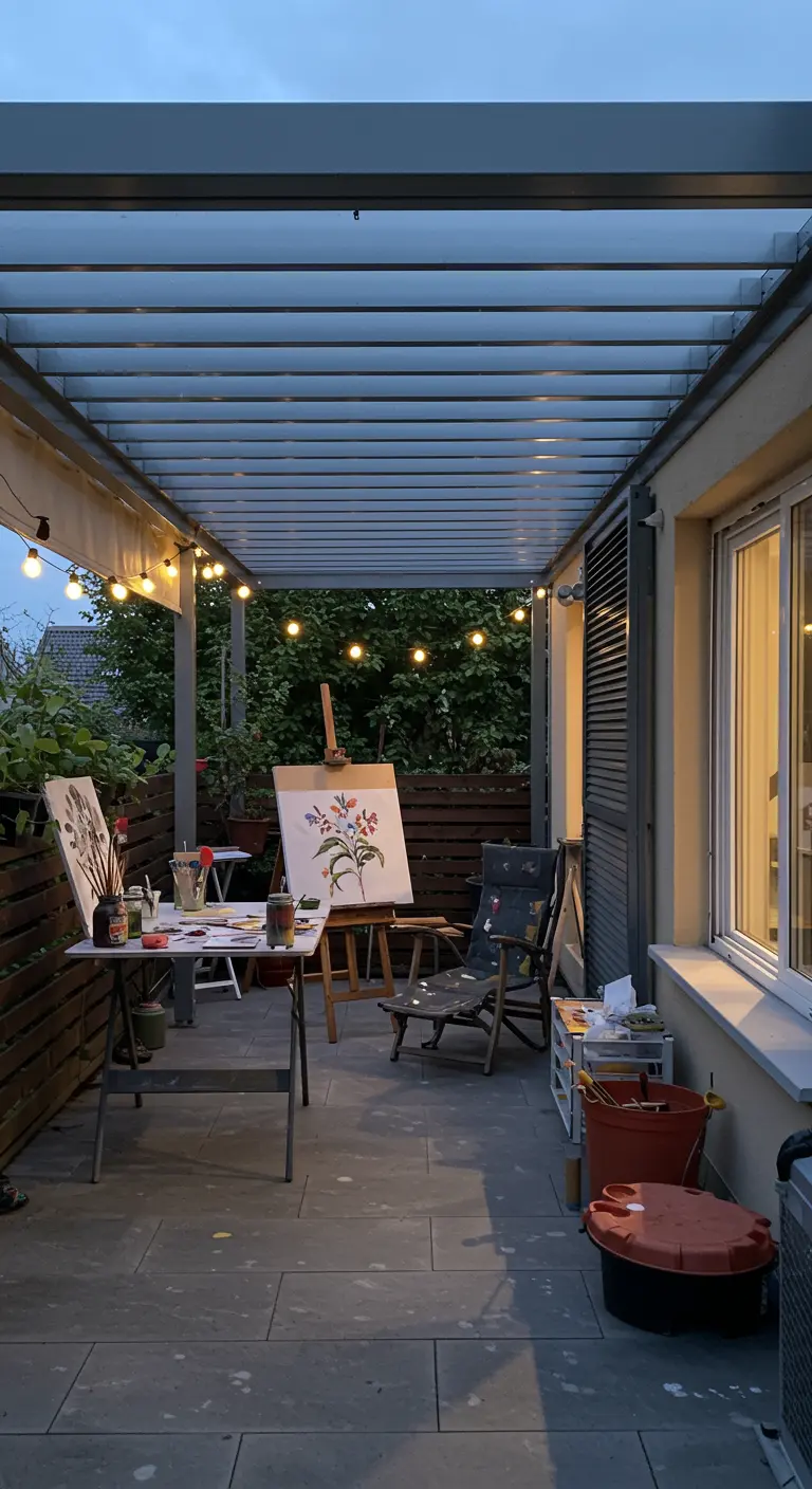 Un coin atelier d'artiste aménagé sur une terrasse sous une pergola le soir.