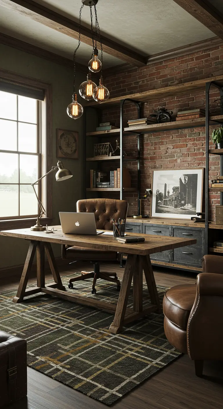 Bureau industriel chic avec mur de briques, étagères en métal et bois, et un tapis à carreaux tartan.