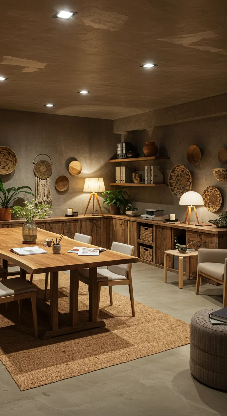 Grand bureau en bois rustique avec murs texturés et décorations artisanales