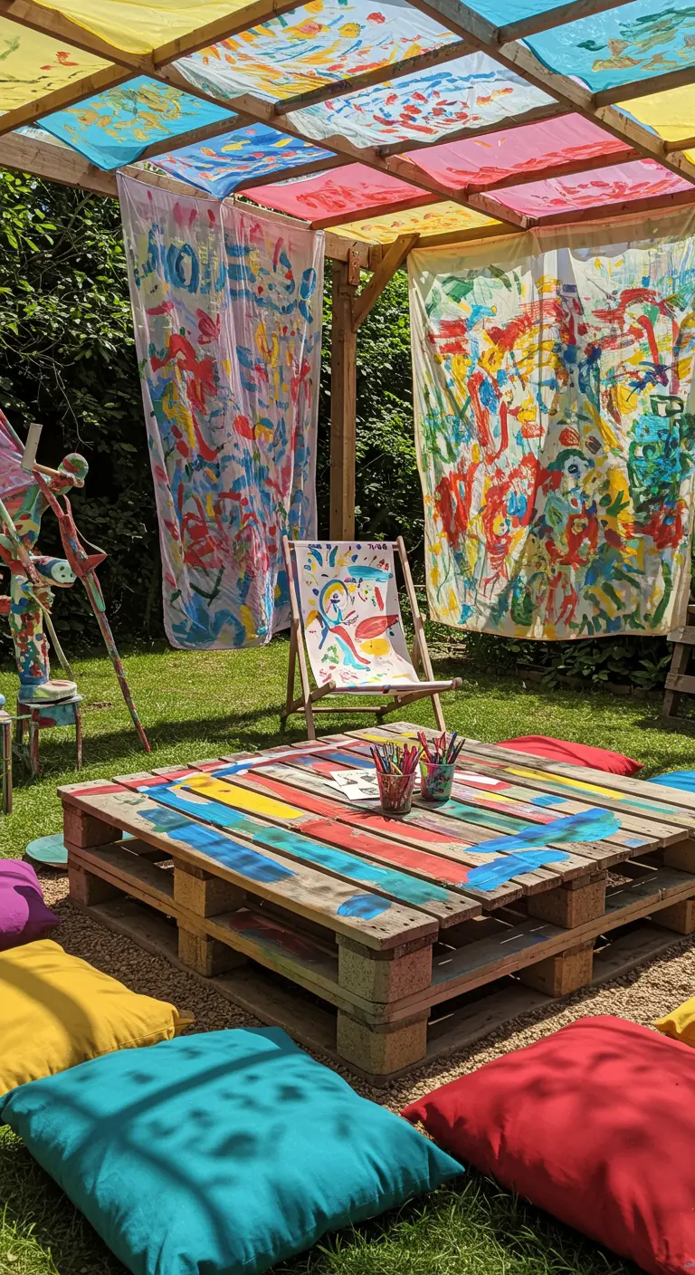 Jardin avec tables palettes colorées, rideaux peints à la main et transat artistique.