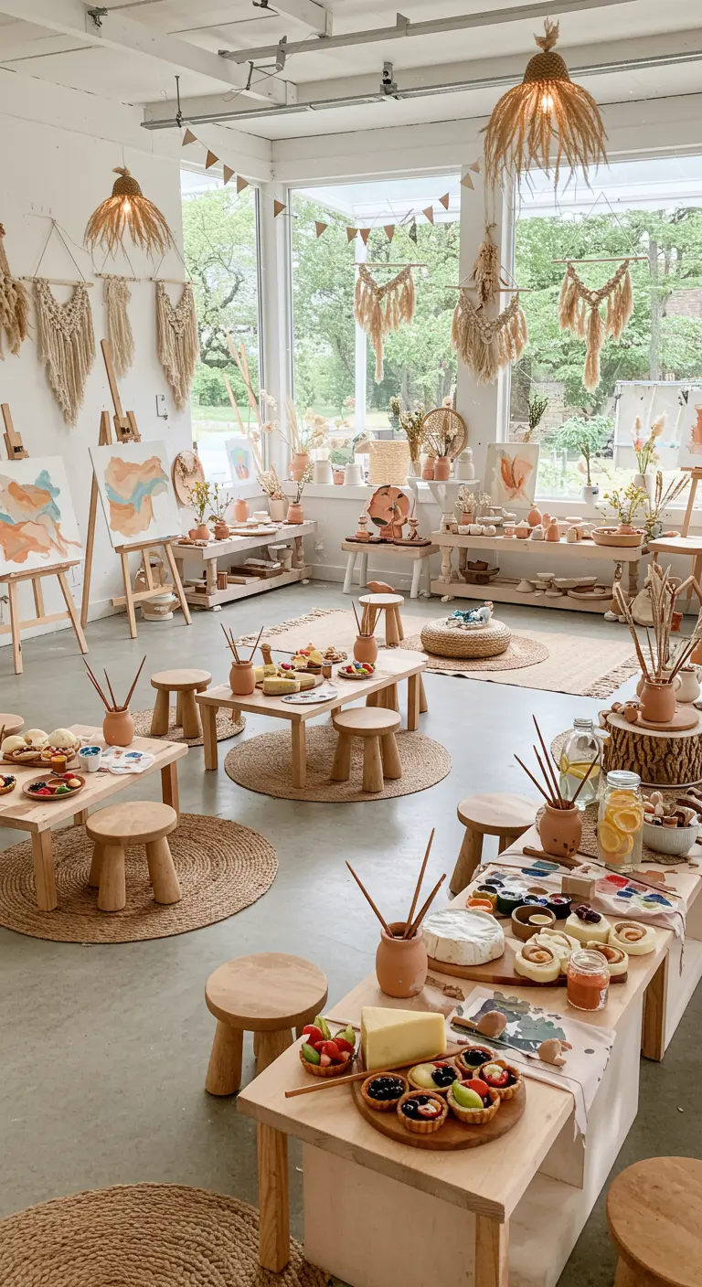 Atelier d'art pour enfants avec chevalets, tables basses et décorations murales en macramé.