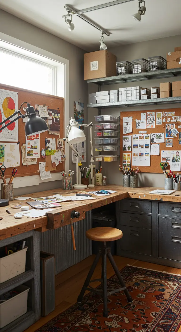 Bureau d'artiste avec grand établi en bois, panneaux de liège remplis d'idées et rangements variés.