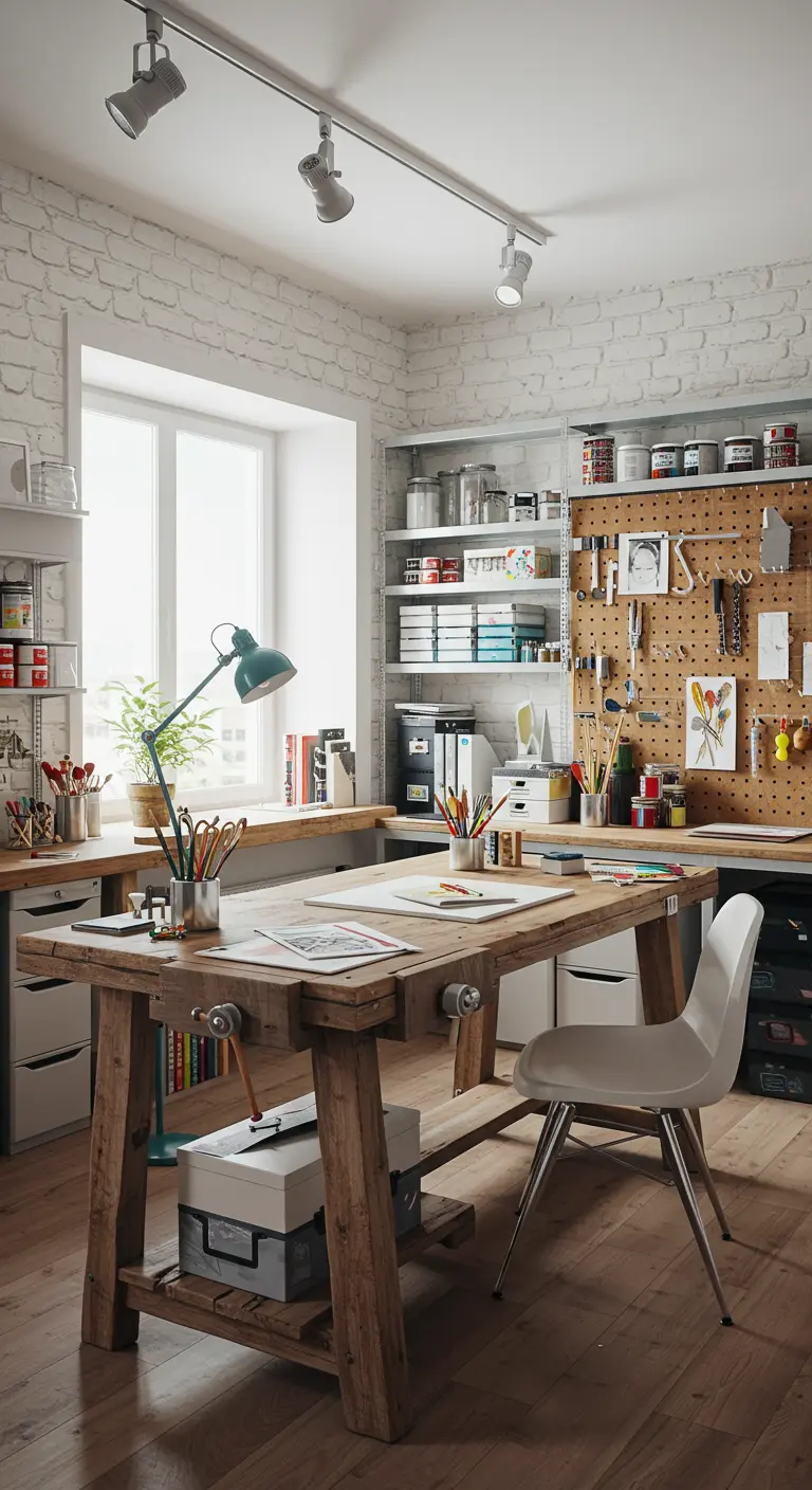 Atelier créatif avec établi en bois, mur de briques blanches et rangements muraux pratiques.