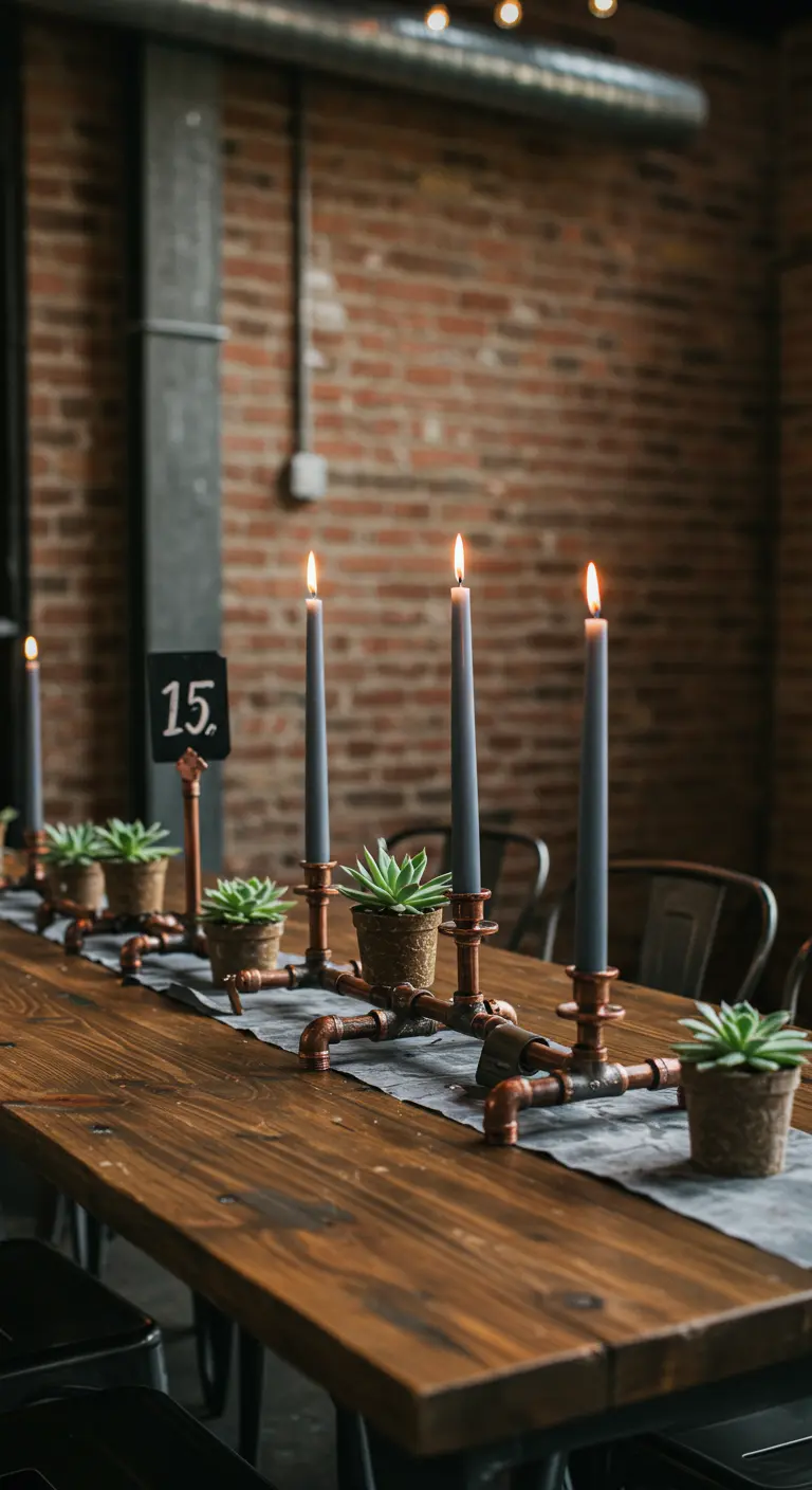 Table industrielle avec des bougeoirs en cuivre et des petites succulentes.