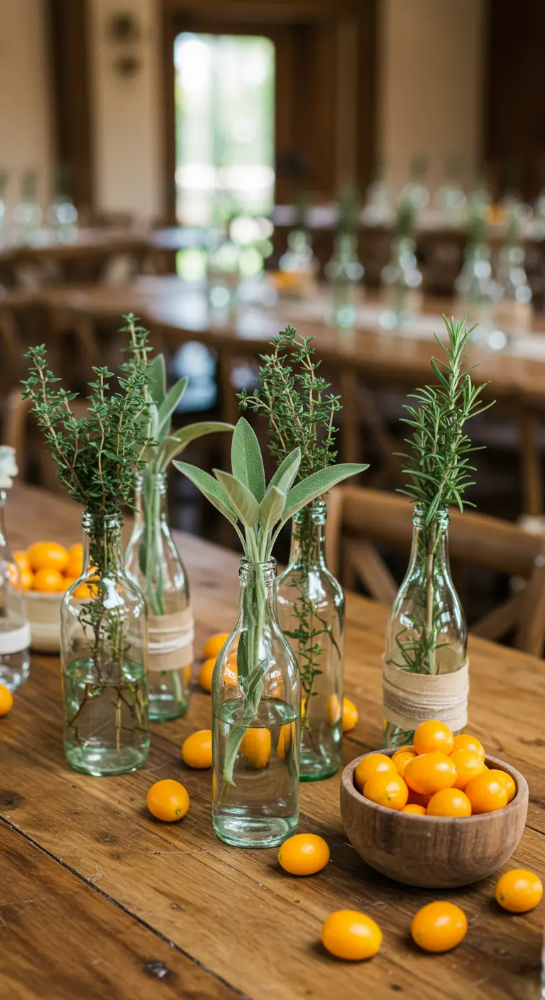 Bouteilles en verre avec différentes herbes aromatiques, entourées de kumquats.