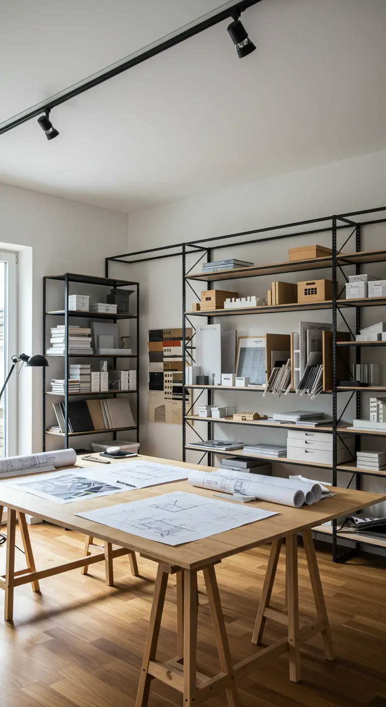 Grand bureau d'architecte avec des étagères métalliques noires dans un style industriel.