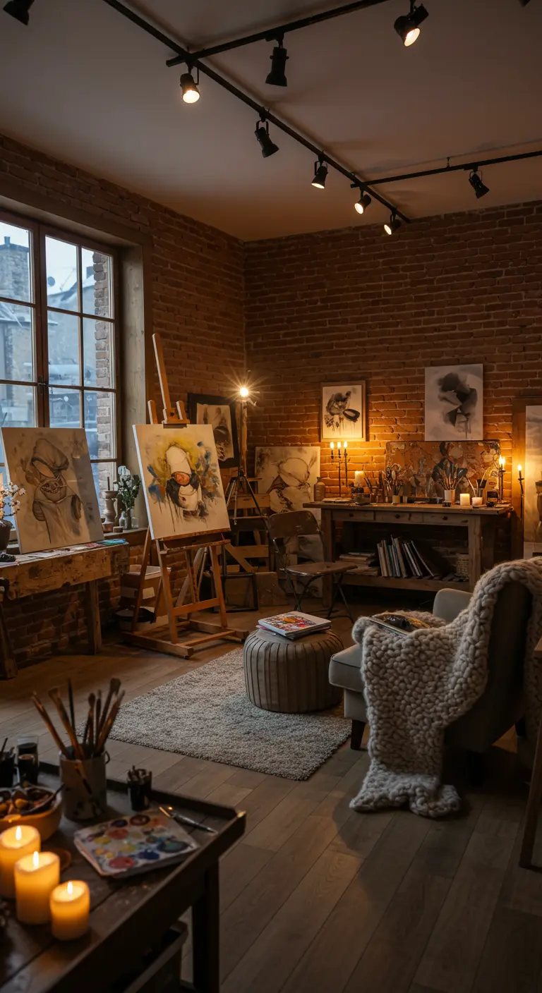 Atelier d'artiste avec murs en briques, chevalets, fauteuil et bougies