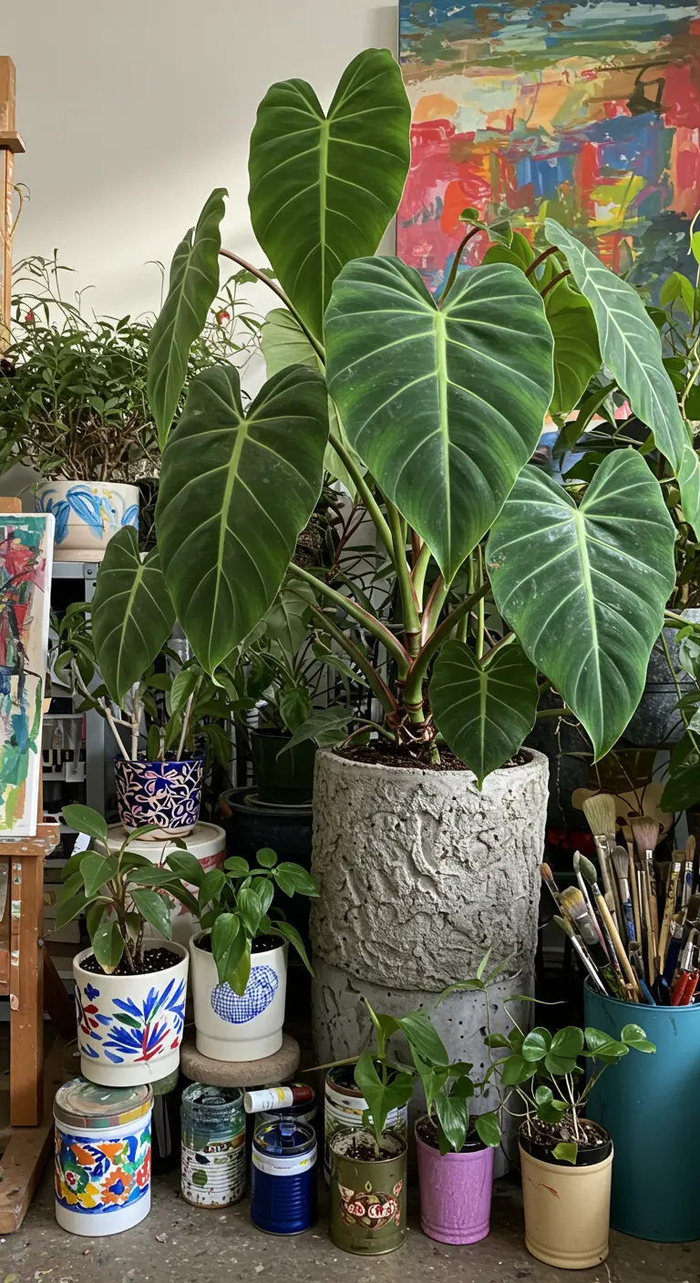 Atelier d'artiste avec Philodendron Gloriosum, petites plantes dans des pots recyclés.