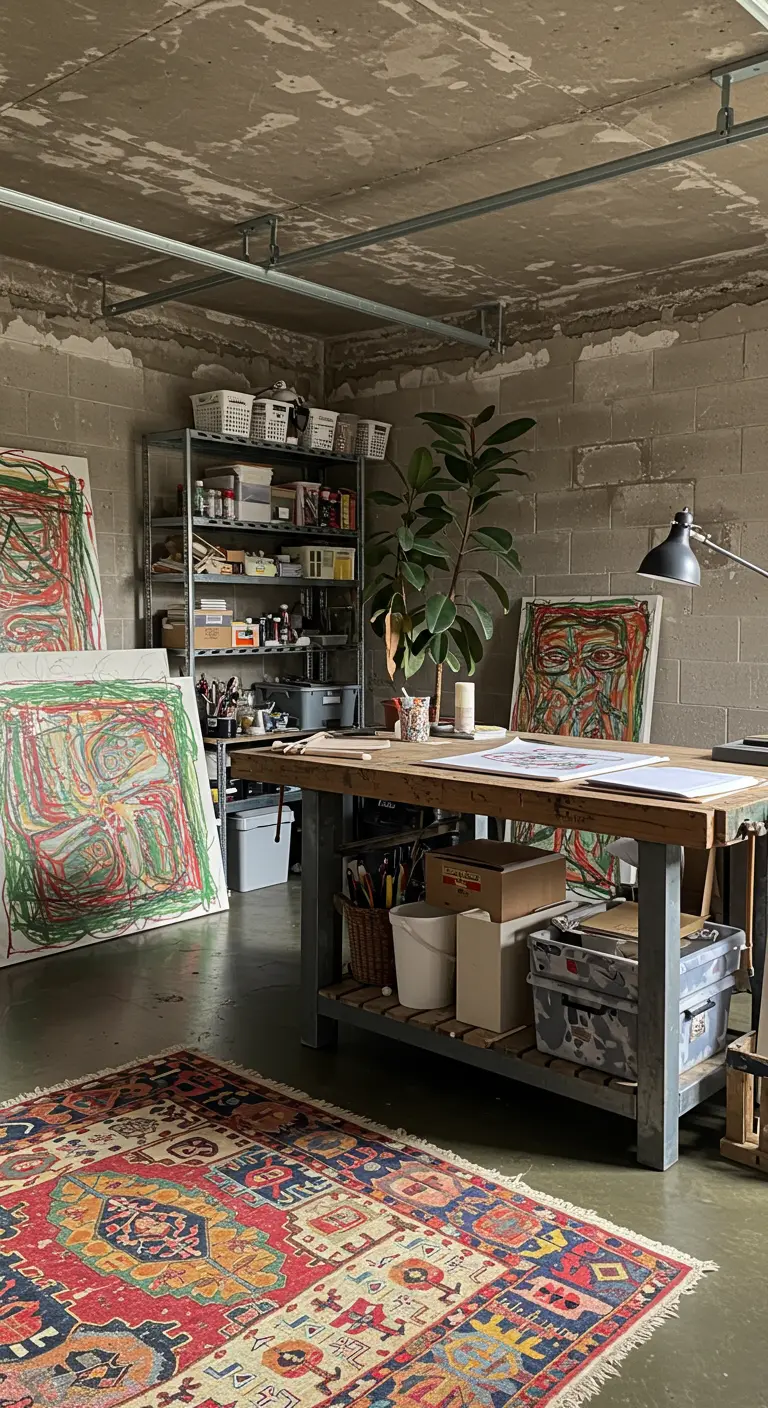 Bureau de style atelier d'artiste avec étagères en métal et tapis persan.