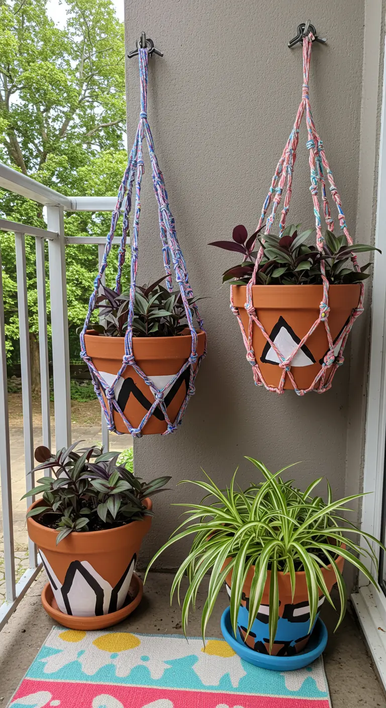 Pots en terre cuite peints avec des motifs géométriques et suspendus par des cordes colorées.