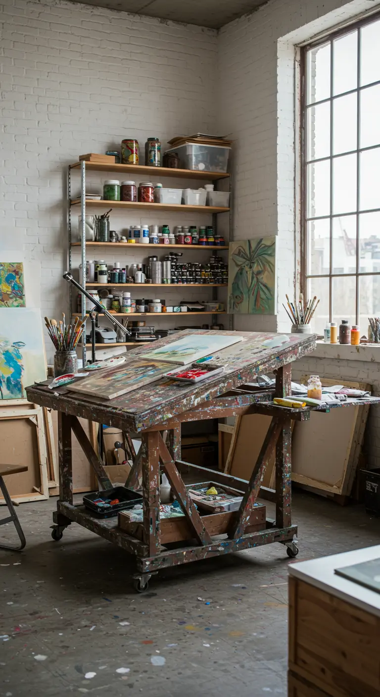 Table à dessin d'artiste dans un atelier lumineux avec des étagères de matériel.