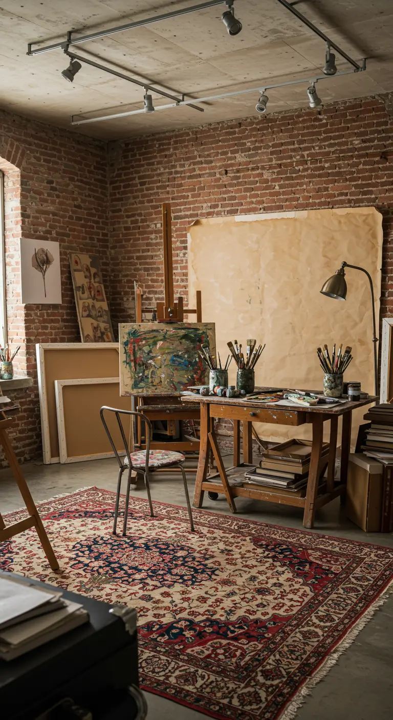 Atelier d'artiste avec mur de briques, chevalets et grand tapis persan.