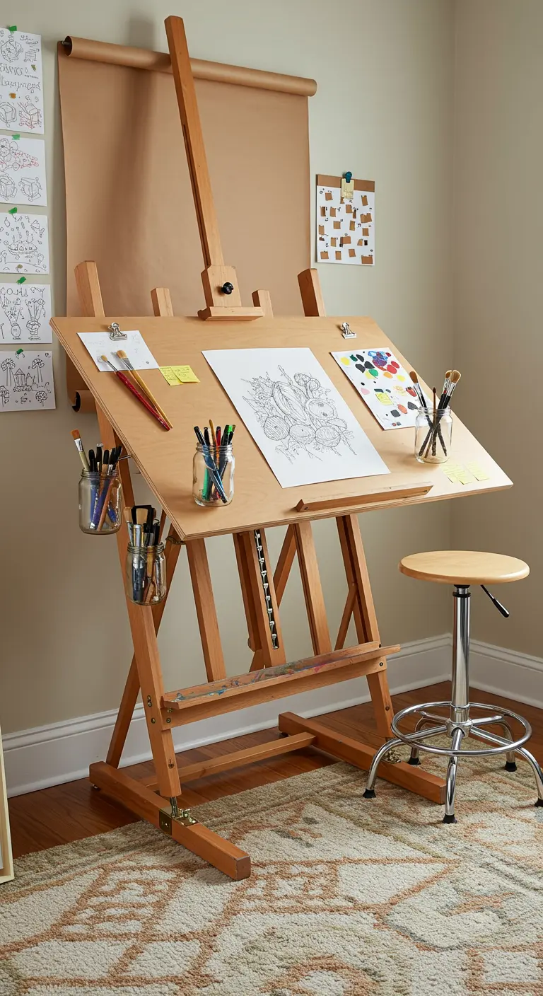 Chevalet d'artiste utilisé comme bureau de dessin avec des fournitures créatives.